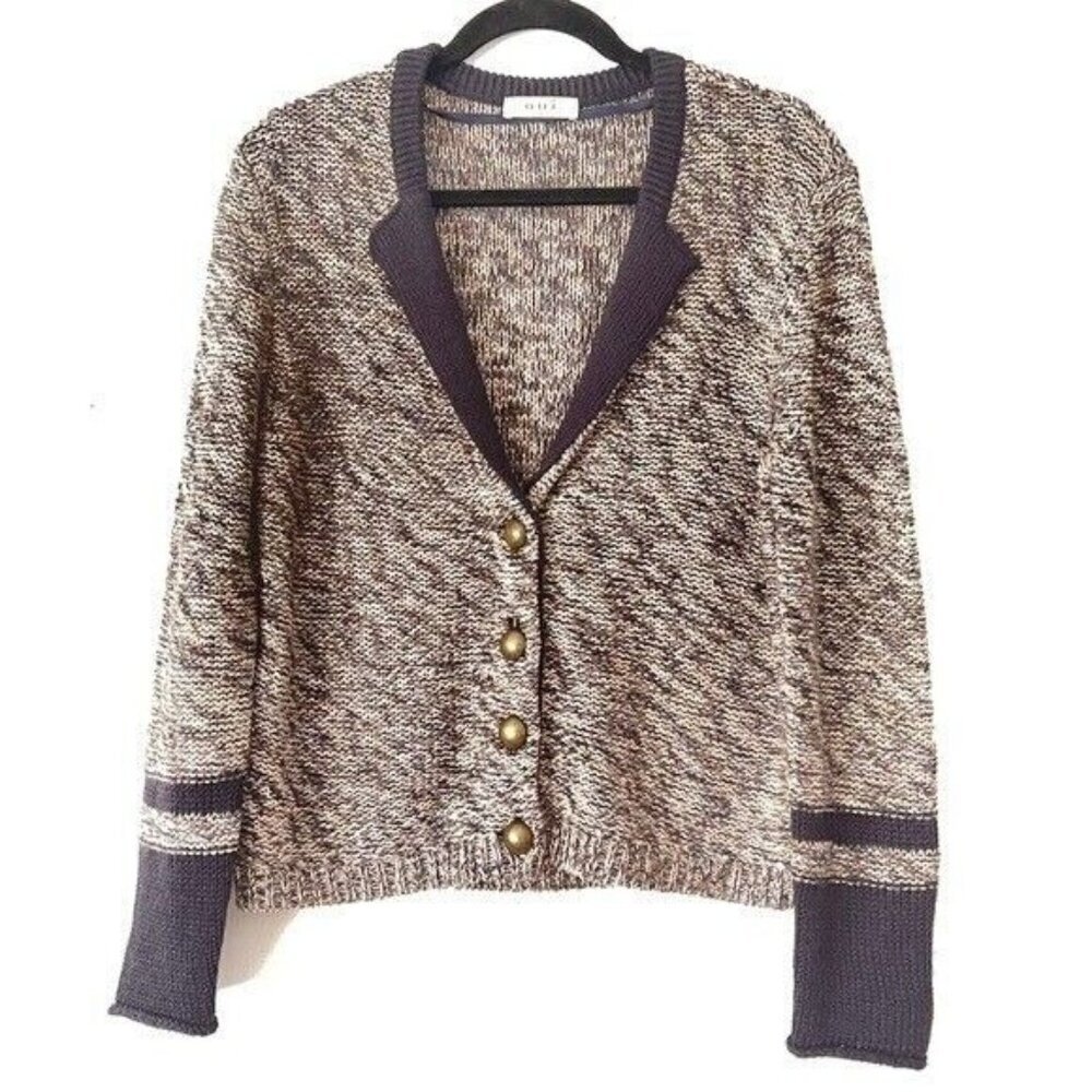 OUI Size 8 Chunky Knit Bronze Buttons Lurex Cardigan Sweater V-Neck Wool Blend
